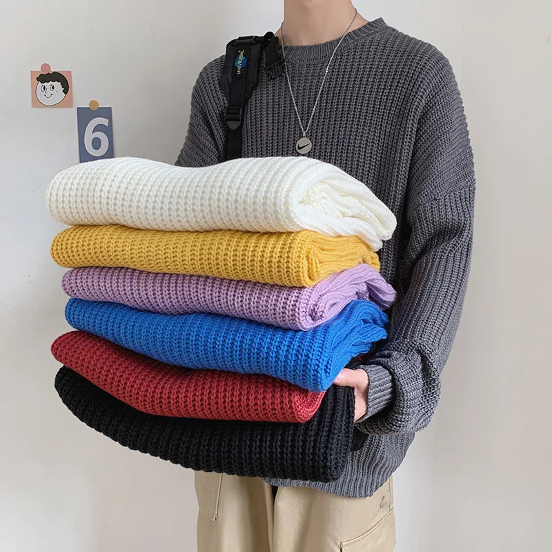 

2023 Korean Fashion Sweater Men Autumn Solid O Neck Knitwear Streetwear Male Clothes Harajuku Loose Knitted Pullovers Pull Homme