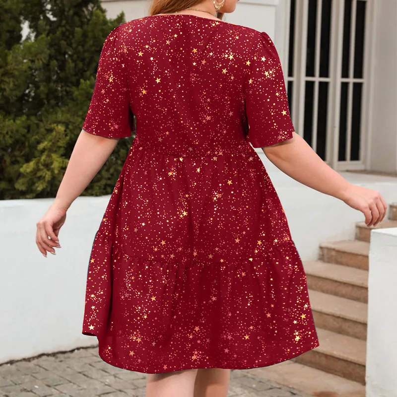 Womens Star Gilded Printing Short Sleeve Summer Plus Size Square Collar Pullover Loose Evening Party Elegant Knee-Length Dresses