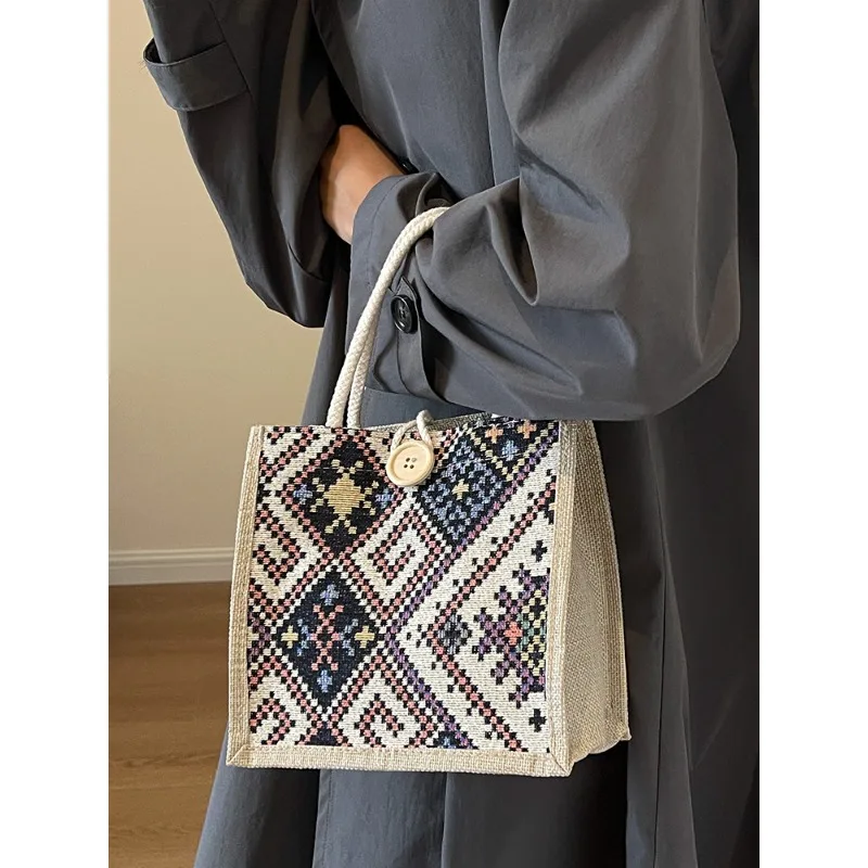 Large Ethnic style Canvas Lunch Bag - Women's Summer Bento Organizer Tote, Insulated Mommy Commuter Purse 핸드백