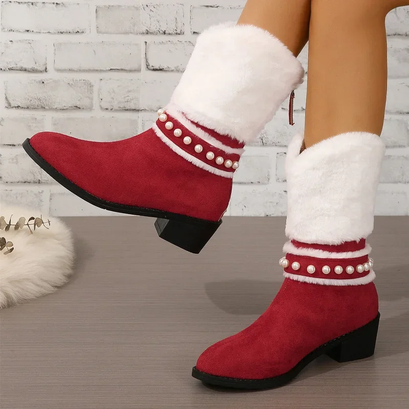 Women's Christmas Mid-calf Boots Fashion Pointed Low Heel Pearl Women's Boots Simple Comfortable Winter Shoes