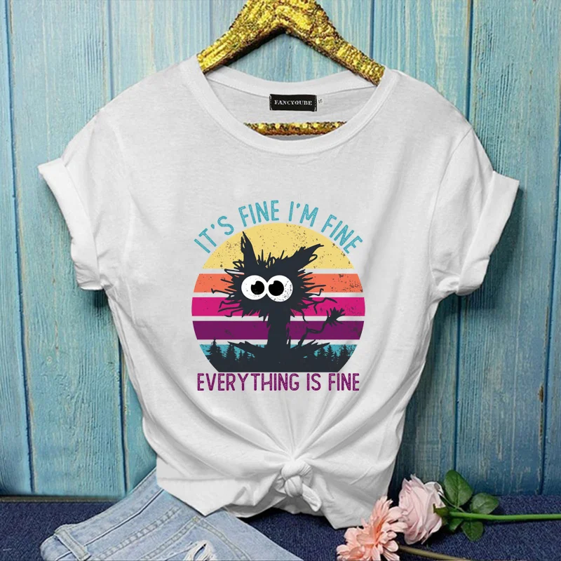 

Funny Hip Hop IT'S FINE I'M FINE EVERYTHING IS FINE Graphic Print Women's T-Shirt Funny Humor T-Shirt Top