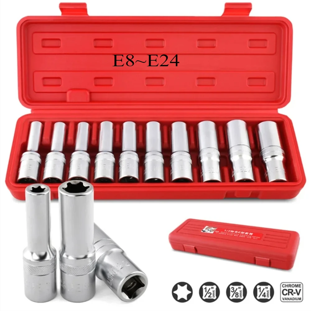 10Pcs Torx E Star Female Bit Sockets Set Hand Tool Kit 1/2" 3/8" 1/4" Drive E8-E24 Repair Tool Socket Wrench Head Sleeve 6