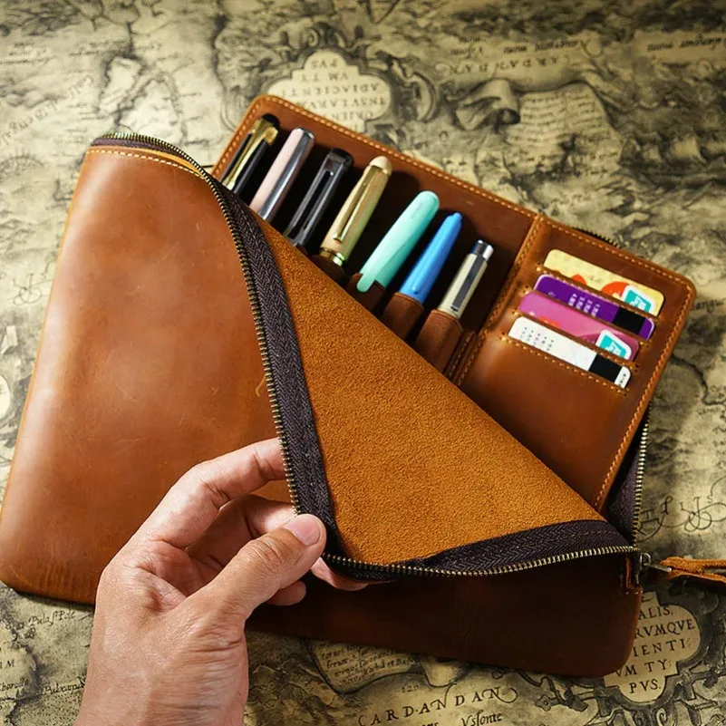 말가죽 필통, 지퍼형, 다양한 색상 디자인, 대용량, 소가죽 소재, 개선된 필통.