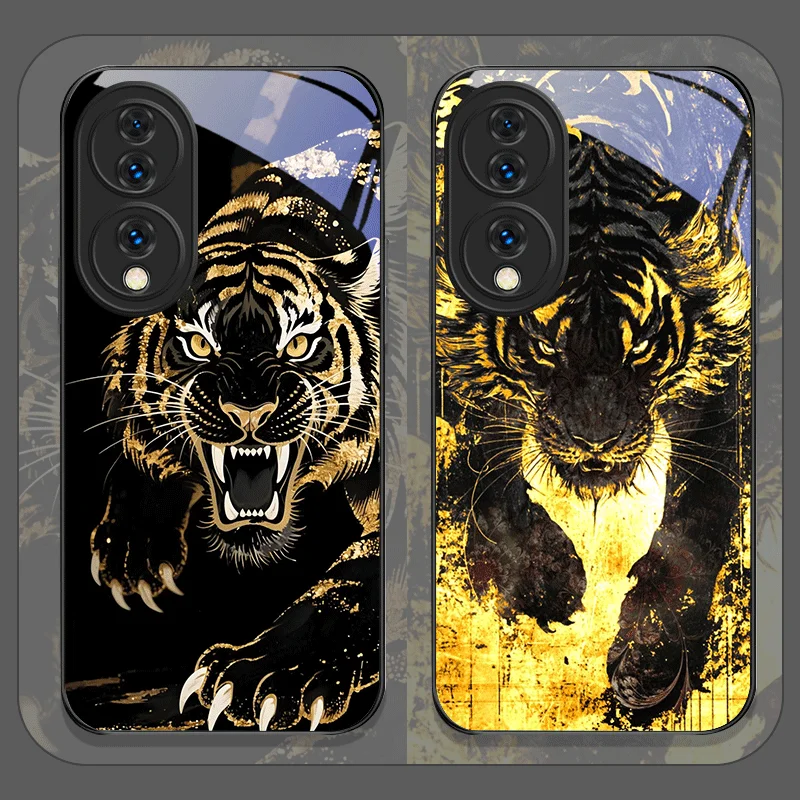 Fashion Animal Tiger Flame Printed Tempered Glass Phone Case
