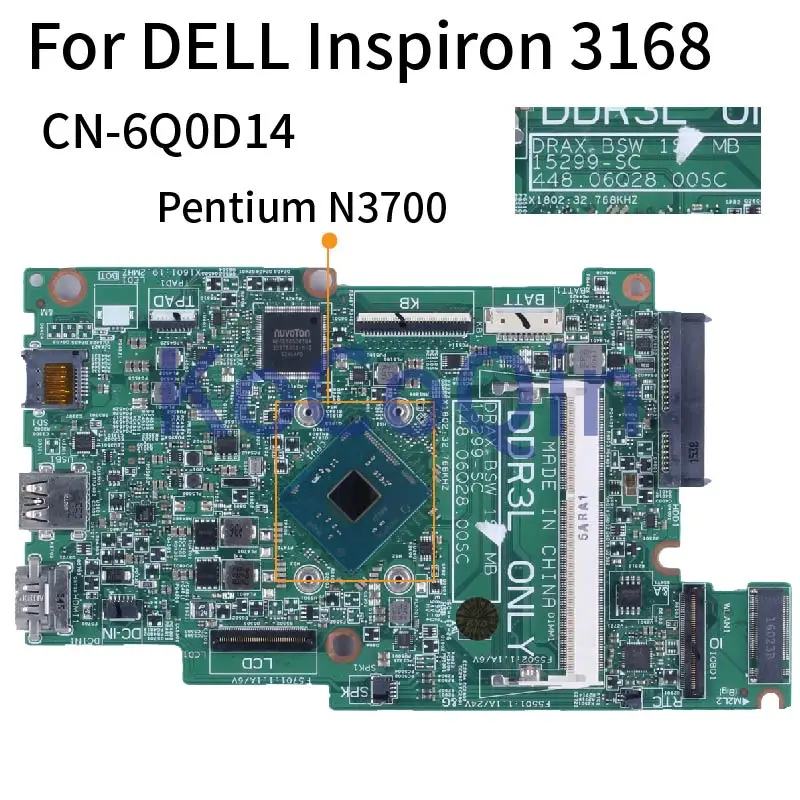 para Dell Inspiron 3168 Pentium N3700 2.40 Ghz Computador Portátil Mainboard Cn6q0d14 15299-sc Sr29e Ddr3 - Imagem 2