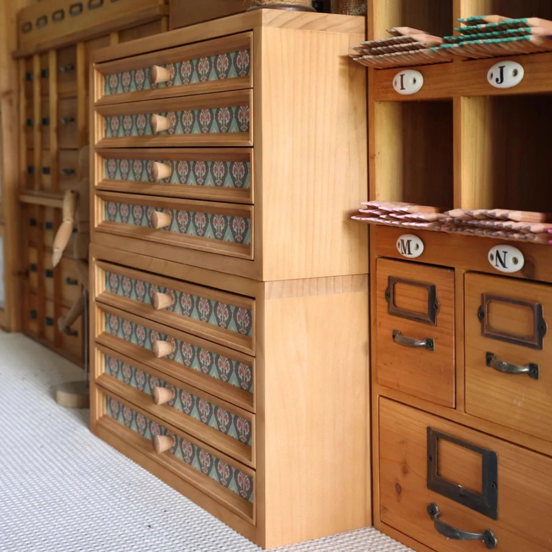 Vintage Wooden Drawer Cabinet Multi-Layer Classification Storage Box Fabric-Covered Organizer Drawer A4 Paper Stamp Organize Box 4