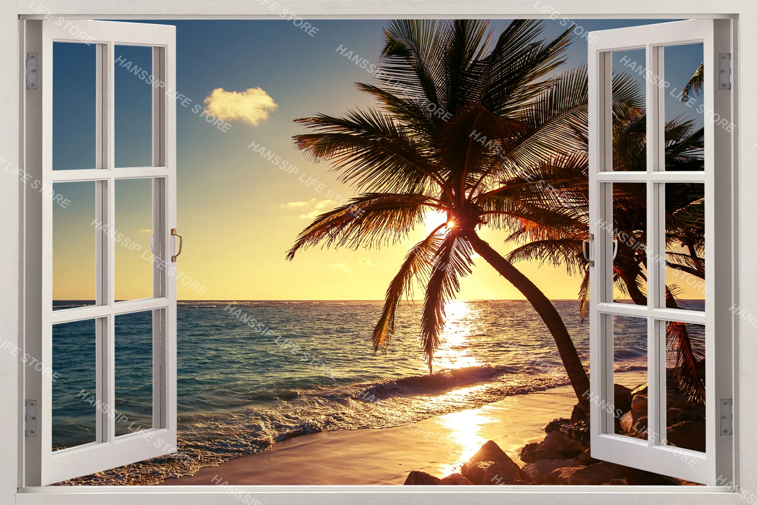 Blue Healing Sea View Window Seascape Wall Sticker Peel and Stick Home Decorative Coconut Tree Beach House Children Wall Decal Wall Stickers Window Stickers
