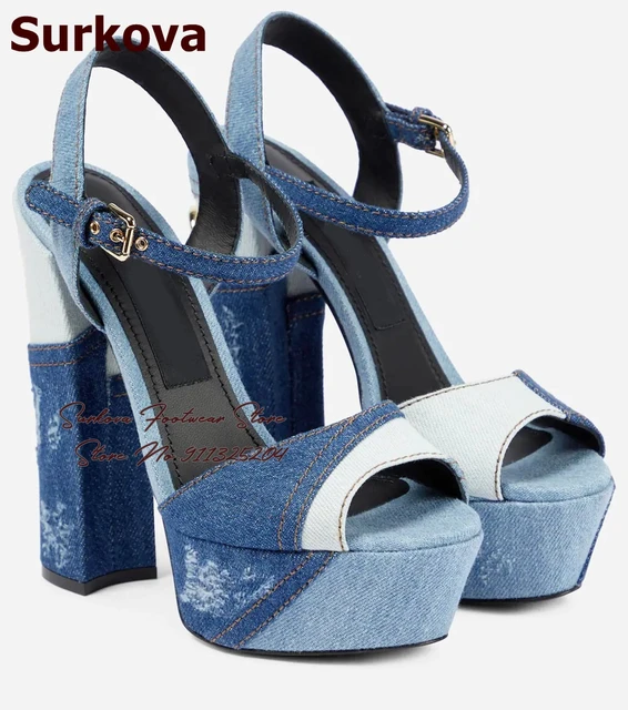 Women's Solid Color Denim Sandals Back Zipper Chunky Heel - Temu