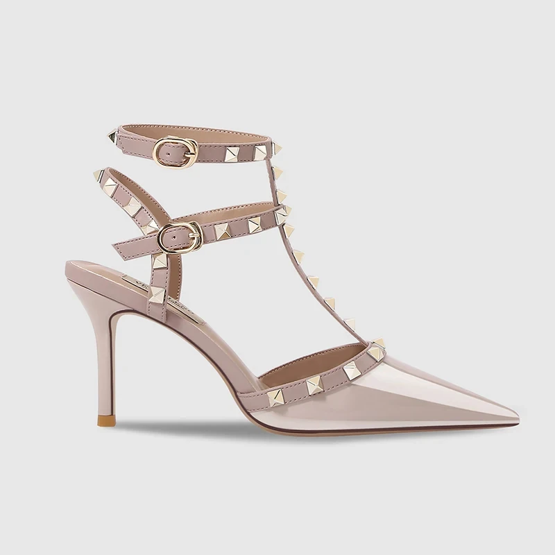 

New Women's Sandals High Quality Summer Casual Stud Heels Ankle Strap Gladiator Shoes Pointed Toe Brand Designer Women's Shoes