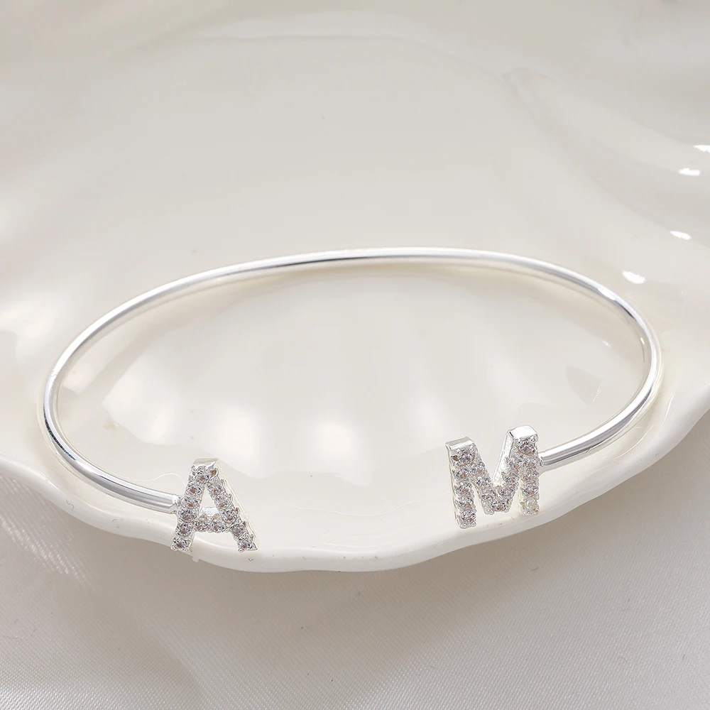 

9mm Initial Letter Zircon Open Bangle Custom Letters Zircon Pave Setting Bracelet Child & Adult size Cuff Jewelry Birthday Gift