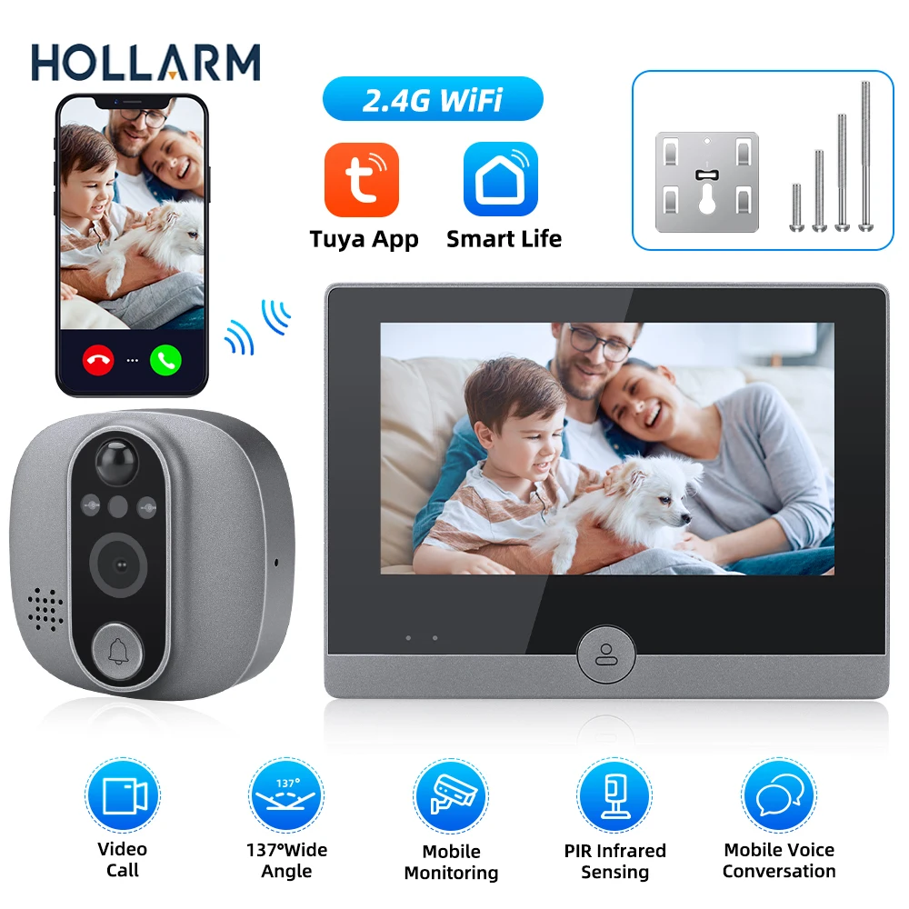 hollarm-43-inch-lcd-video-doorbell-tuya-smart-door-bell-night-vision-video-intercom-137°-wide-angle-door-peephole-camera