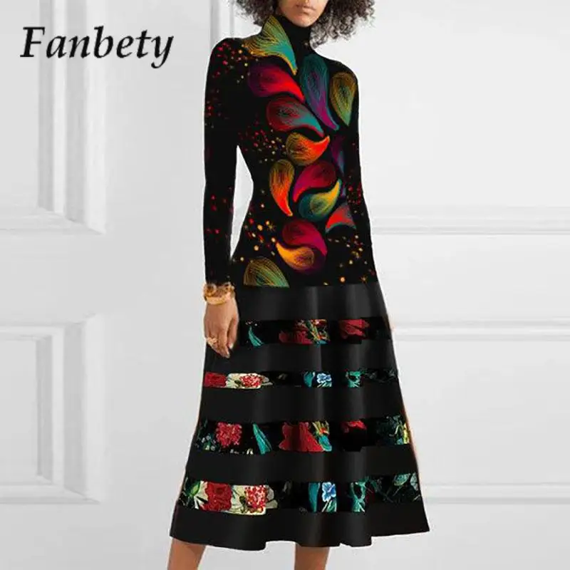 

Elegant Print Pattern Turtleneck Party Dress Elegant Long Sleeve Slim Fit Versatile Dress Women Stitching Temperament Long Dress