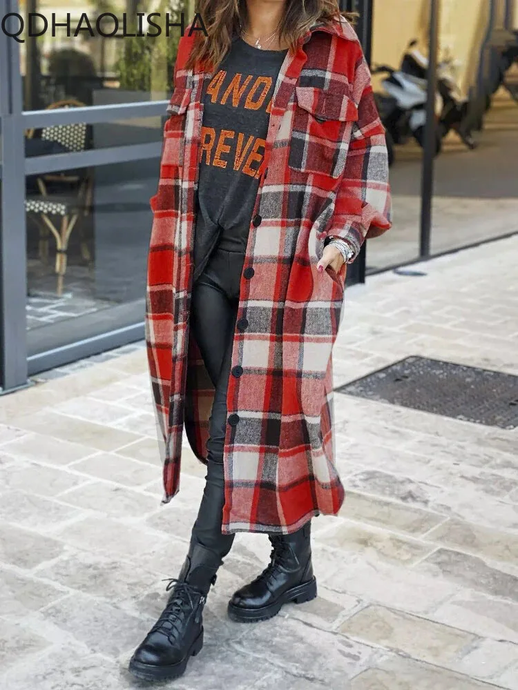 

Trench Coat for Women Autumn New in Elegant Commuting Long Windbreaker Loose Lapel Side Slit Plaid Coat Fashion Women Clothing