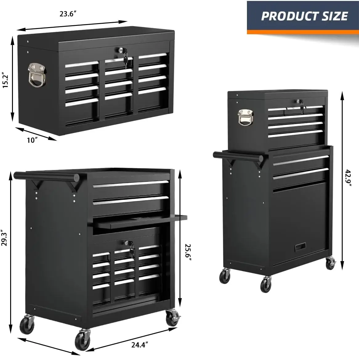 High Capacity Rolling Tool Box, Removable Cabinet Storage Tool Chest with Wheels and Drawers, Detachable Toolbox with Lock for 3