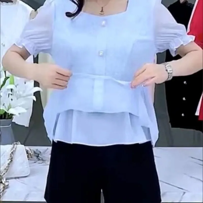 여성용 시폰 블라우스, 우아한 스플라이스 단추, 단색 스퀘어 칼라, 반팔 레이스 자카드 풀오버 셔츠, 여름 신상 패션
