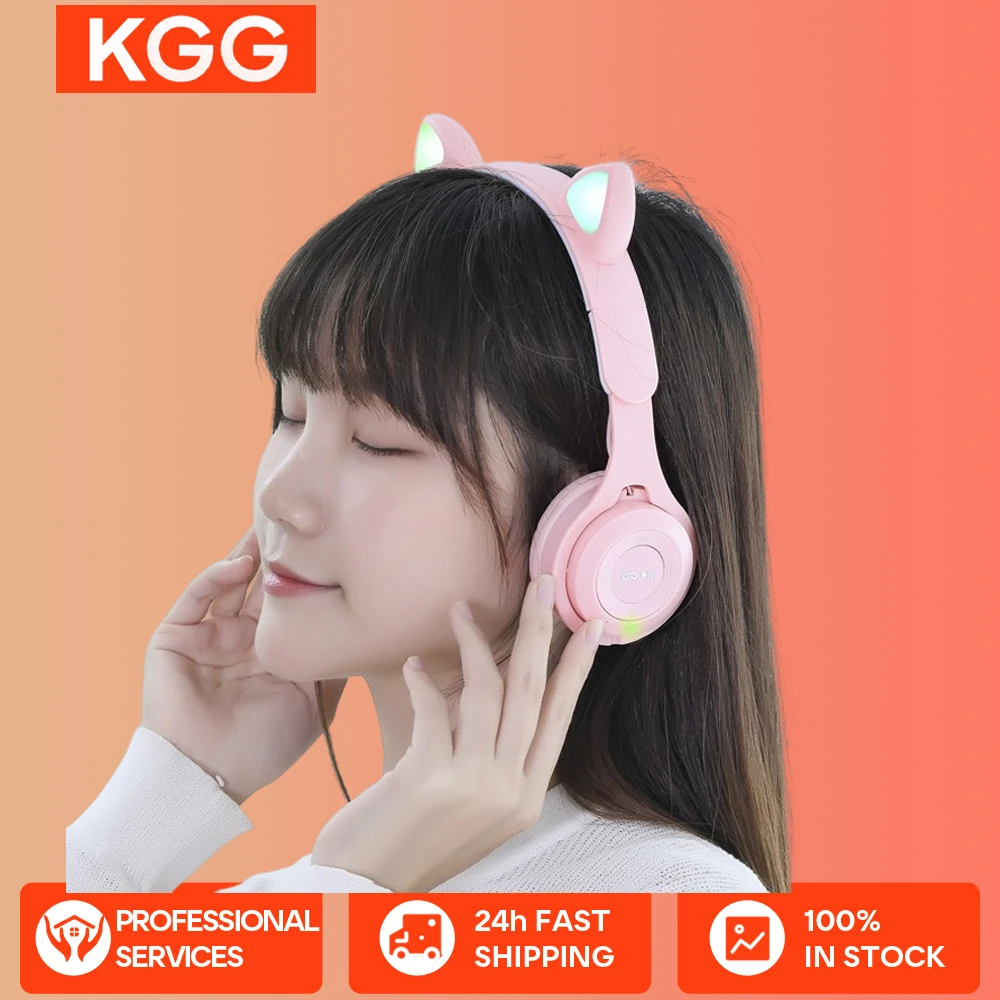 Cat Helmet Wireless Bluetooth Headphones Kids Headphones Cat Ear Music Game Headset with Flash LED Light Kids Gifts