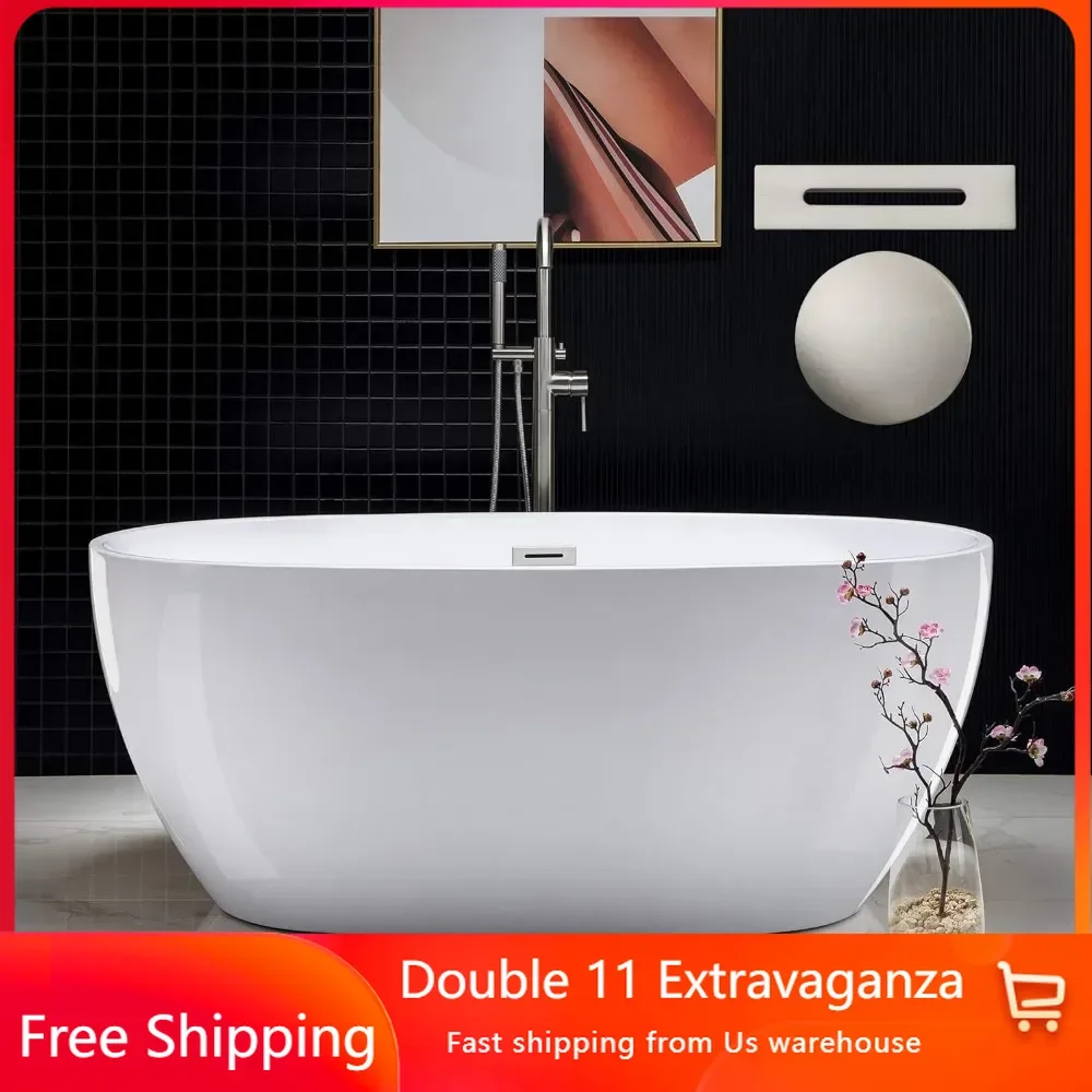59"Freestanding White Acylic Soaking Bathtub with Brushed Nickel Drain and Overflow Easy Clean and Maintenance Luxury Comfort
