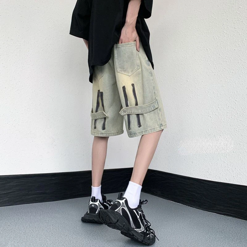 American Retro Denim Pants Men Summer High Waist Straight Leg Cargo Shorts High Street Fashion Casual Basics Streetwear Male