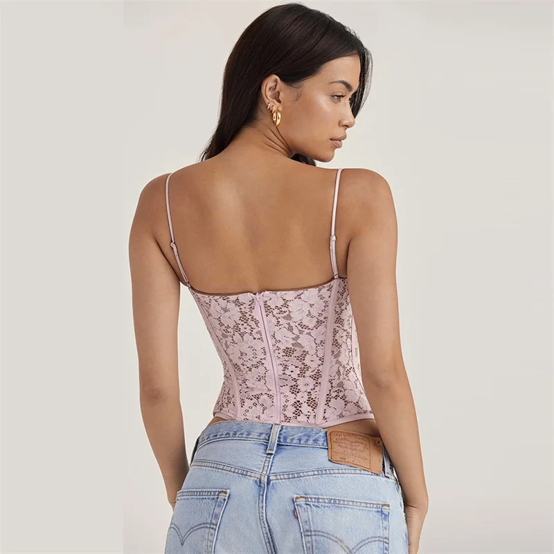 Pink Lace Women's Corset Top Bra Sexy Strap Sleeveless Casual Daily Streetwear Party Outfit