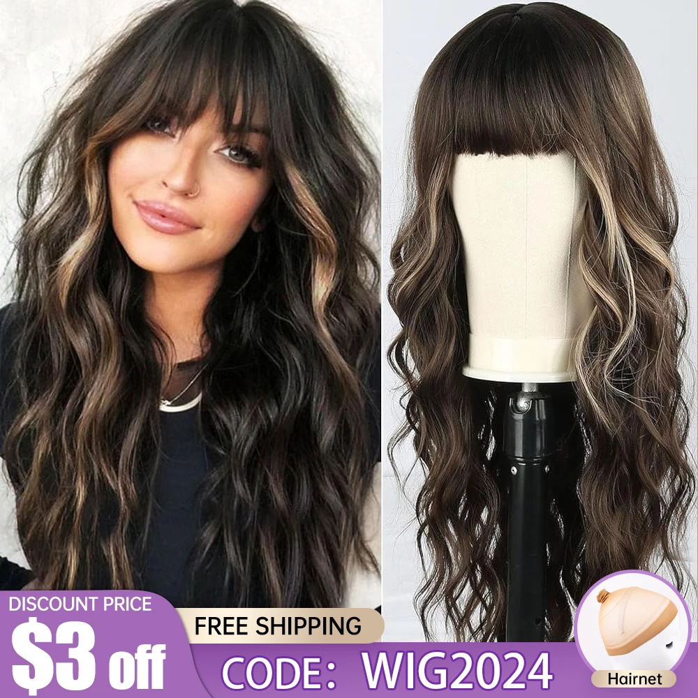 Dark Brown Synthetic Wigs with Bangs Long Curly Wavy Brown Wigs with Blonde Highlights for Afro Women Daily Party Heat Resistant freedom long wavy headband wig for black women none replacement ombre blonde brown grey body wave synthetic headband wig