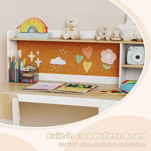 Wooden Kids Desk and Chair Set with Storage for Ages 5-12 in White