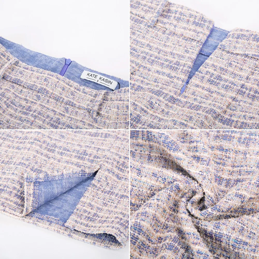 KK Women Bodycon Skirt Fashion Tweed Latticed Printed With Belt High Waist Knee Length Slit Front Work Office Lady Skirts
