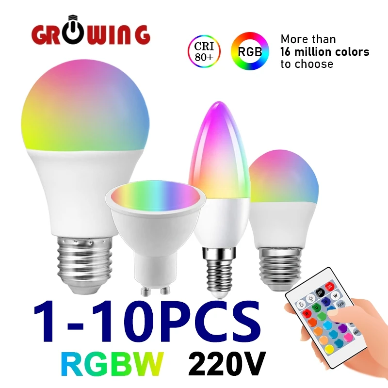 

1-10PCS LED Intelligent RGBW bulb GU10 E27 E14 24 key infrared remote control AC120V 220V 6W 10W color plus white light dimming