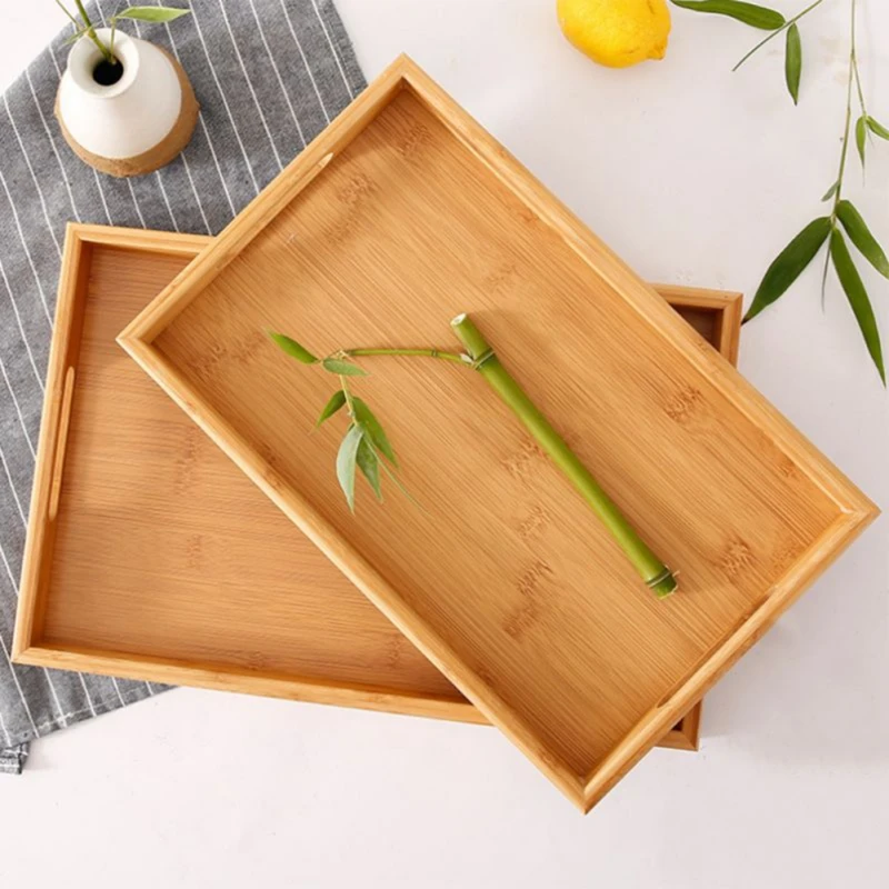 Bamboo Wooden Rectangular Tea Tray Solid Wood Serving Tray Home Tea Water Cup With Handle Elegant Dinner Fruit Food Plate