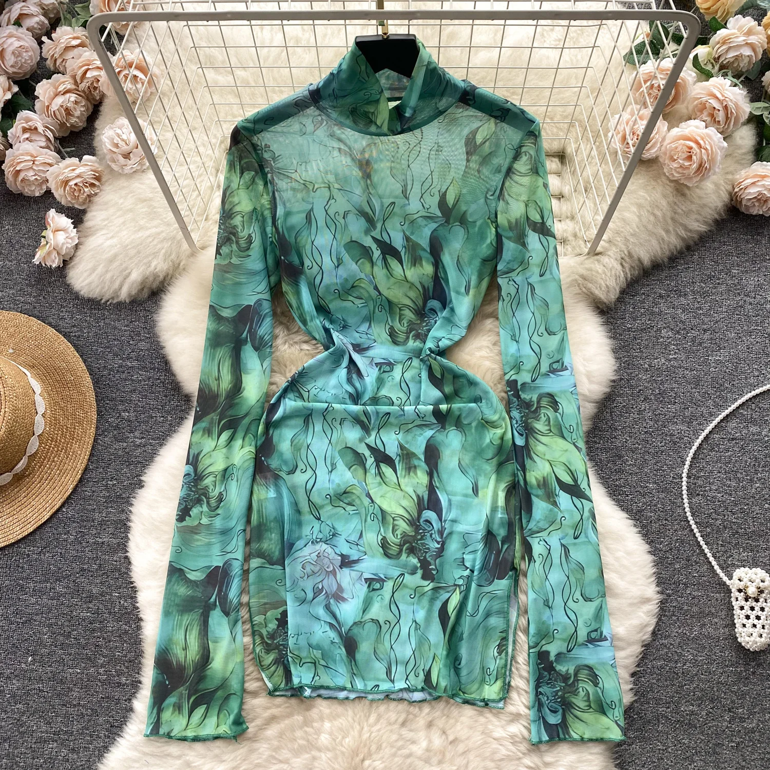Summer Fashion See Through Mesh Bodycon Dress Women Sexy Turtleneck Long  Sleeve Tie Dye Print Slim Stretch Mini Club Party Dress - AliExpress  200000345