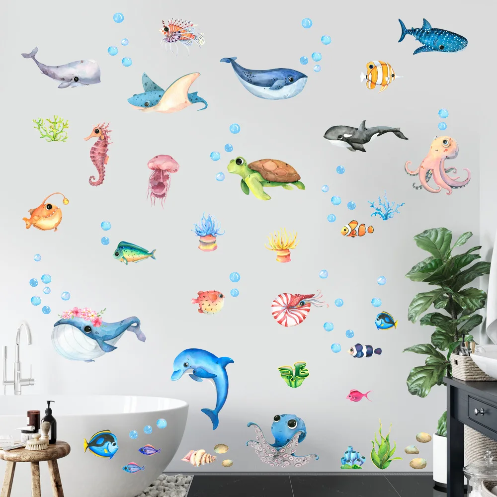 Wall Stickers Cartoon Marine Life Wall Stickers for Kids room Bathroom Wall Tile Decals Octopus Sea Turtle Fish Posters Home Decoration