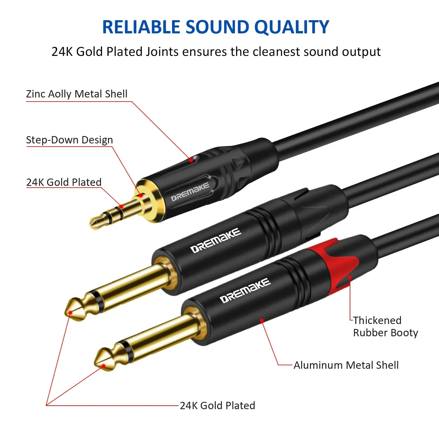 DREMAKE 3.5mm 1/8 TRS- 6.35mm 1/4 TS  ̺ TRS 1/8  2x1/4 TS M-M ׷  Y ø 극ũ ƿ ̺