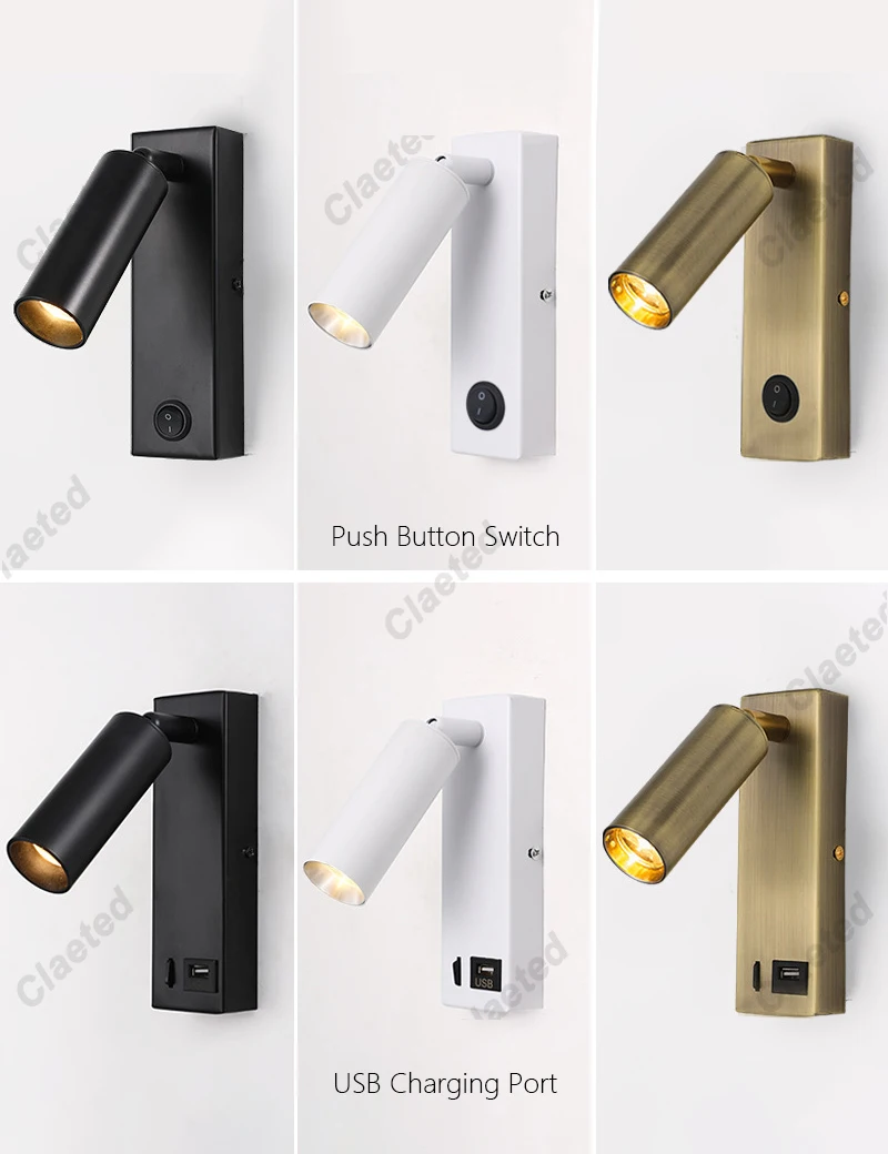 

New Led Wall Lamp Sconce with Switch Black Brass Creative USB Port Reading Wall Lamp with 3W Spotlight for Bedroom Bedside