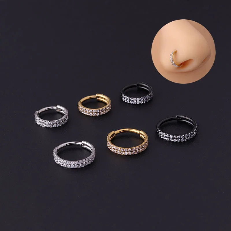 G23 Titanium Piercing Double Layered Triple Stack Hinged Zircon Nose Ring Helix Cartilage CZ Small Cartilage Septum Clicker