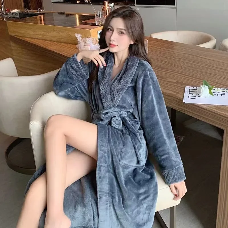 New Coral Velvet Robe Women Autumn Winter Plus Velvet Padded Extra-long Bathrobe Warm Flannel Winter Suit 2023