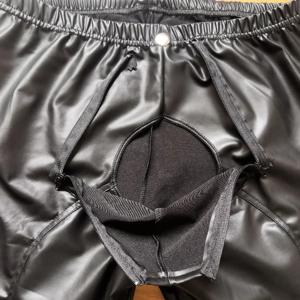Men PU Leather Leggings Fashion Leather Pants Wetlook Tights Skinny Pouch Open Trousers Clubwear Tight Gay Exotic Costume men leggings