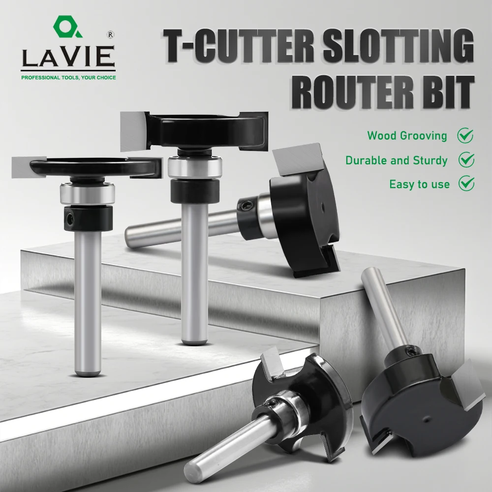 LAVIE 1/4 6 mm Schaft T-Nut-Fräser mit Lager – Doppelkanten-Nutfräser zum Schlitzen und Kanten von Holz C06318FX35