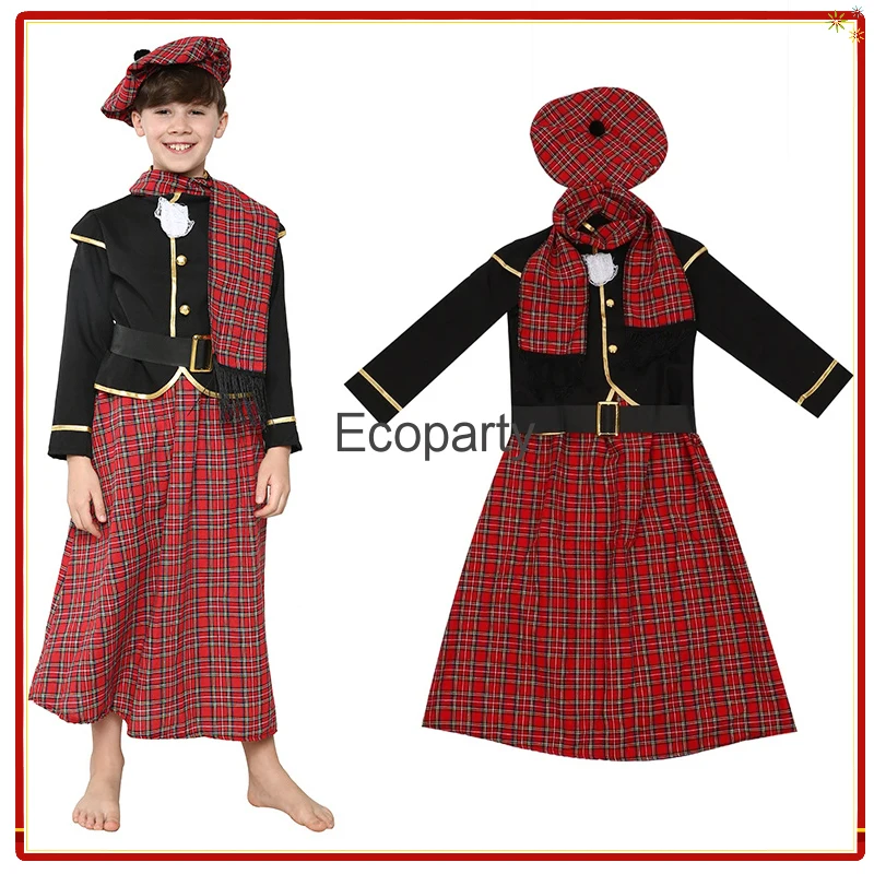 

New Boy's Scottish Tradition Plaid Pleated Skirt Set Tops Skirt Scarf Belt Suit National Kilt Costumes For Children's Day Show