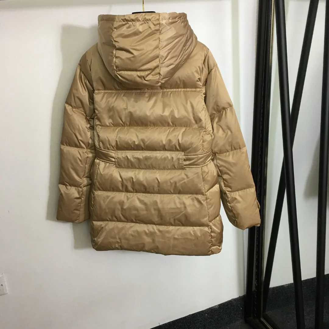 Warm plush lining, hat, waistband, drawstring, long sleeved down cotton jacket, Women's down jacket