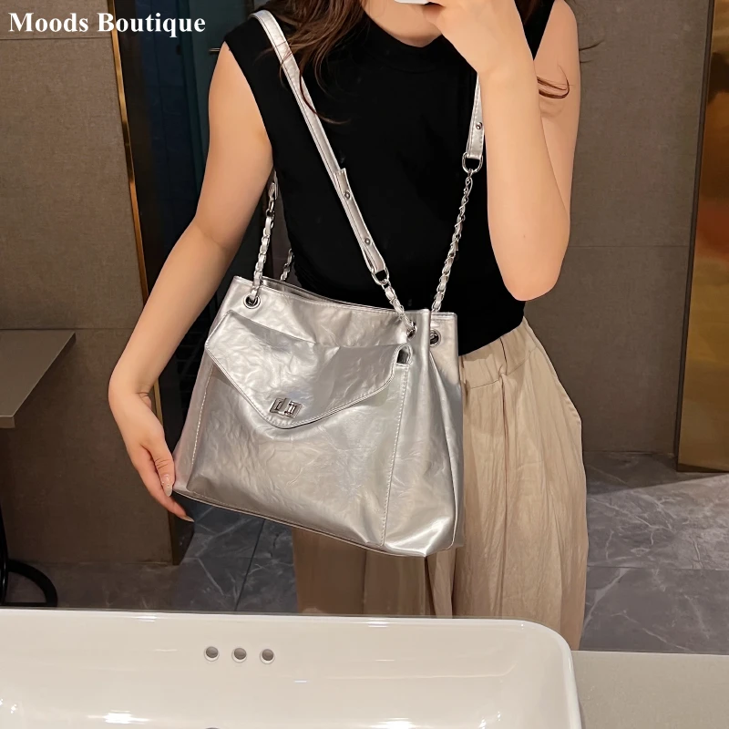 MOODS Silver Large Tote Bags For Women Dual-strap Pure Color