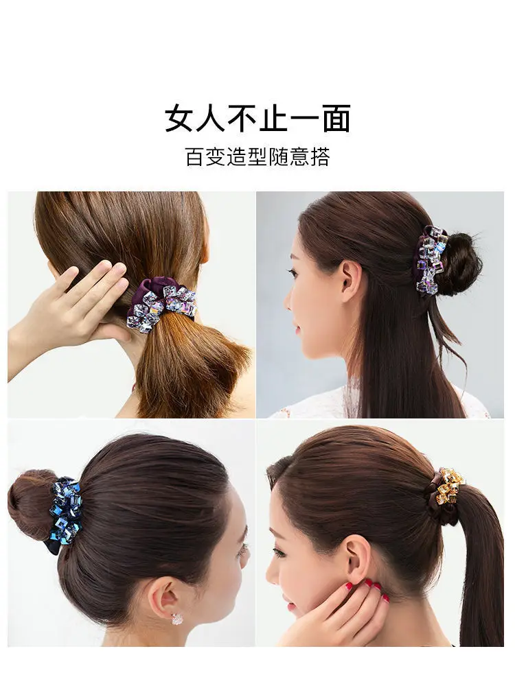 Elegante Kristall Floral Stoff Scrunchies Frauen Mädchen Elastische Haar Gummi Bands Zubehör Krawatte Haar Ring Seil Headwear Kopfschmuck – Detail 5