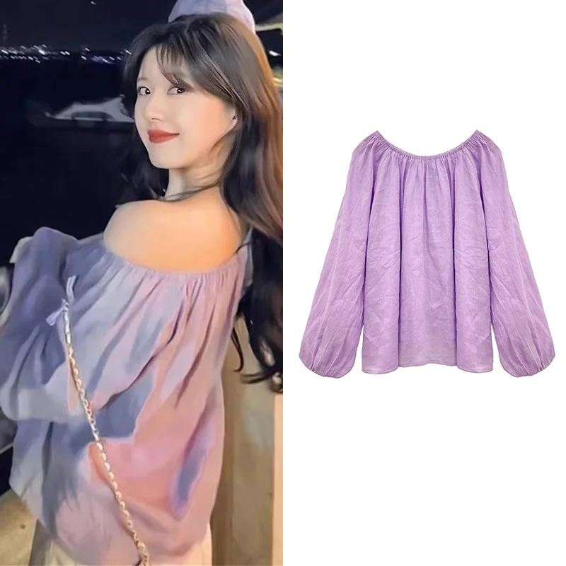 Kpop Korean Singer Sexy Off Shoulder Blouses Women Long Sleeve Solid Color Shirts Fashion Summer Puff Sleeve Backless Crop Tops shenrun men shirts long sleeve slim fashion design lace sleeves casual shirt party prom ball stage costume nightclub singer host