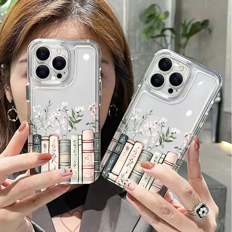 Soft Clear Phone Case with Retro Floral Decor and Book Cover Design