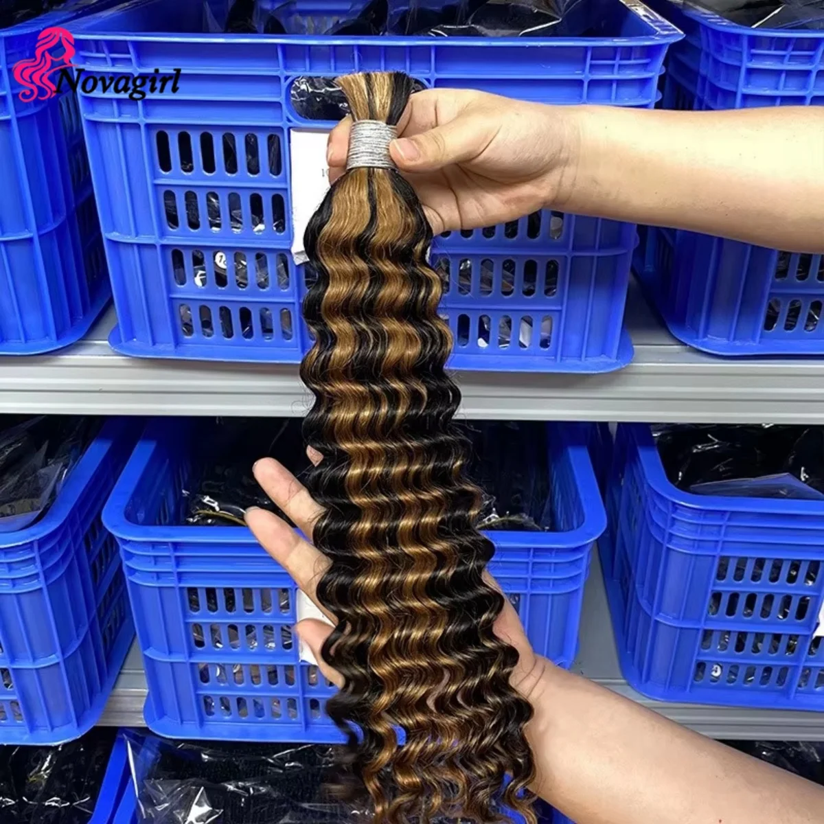 Human Braiding Hair for Boho Braids 50g/Pack Highlight Deep Wave Bulk Human Hair 4/27 Ombre Knotless Braiding Hair Extensions 6