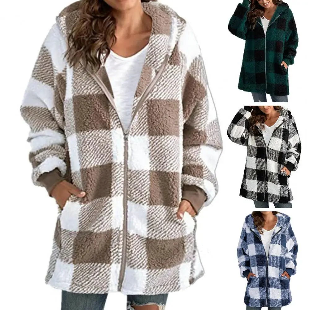 

Women Faux Lambswool Jacket Plush Hooded Furry Jacket with Zipper Placket Pockets for Women Autumn Winter Mid-length Coat Plaid
