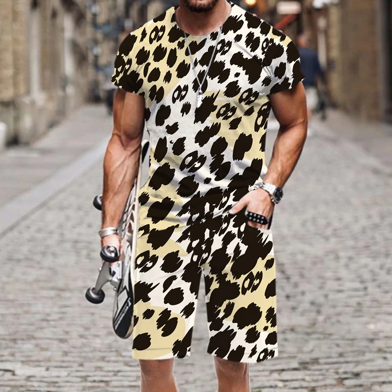 

Leopard Pattern 3D Printed O Neck Summer Hip-hop Funny Outfit Spring Autumn Sportswear Men Clothing Male Suit Short Sleeve Tops