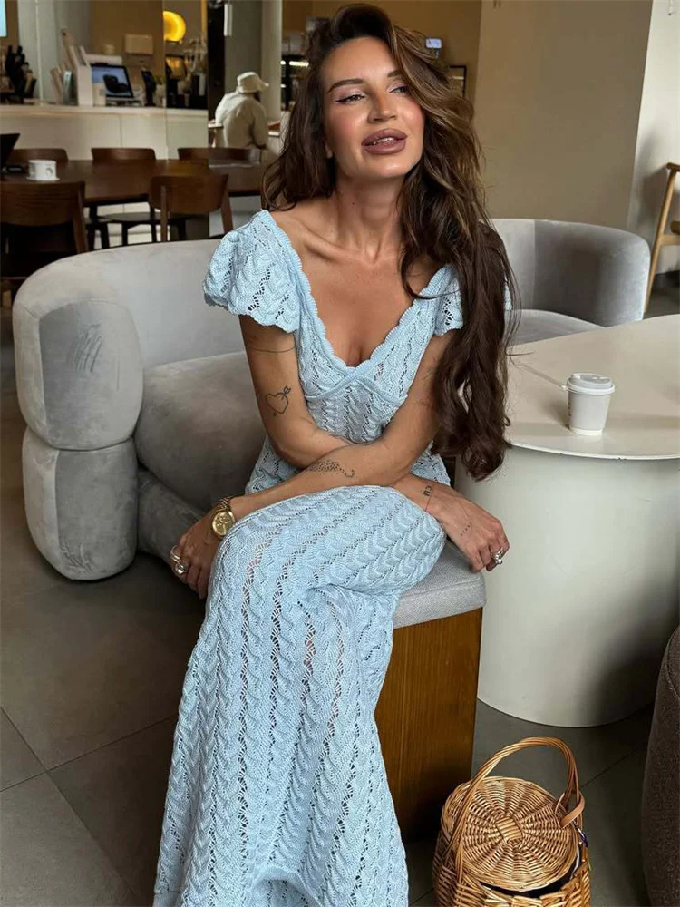 knit holiday dress Tossy Ruffled Hollow Out Knit Long Dress Women V-Neck Fashion Patchwork  See-Through Beach Holiday Dress Knitwear Female Dress