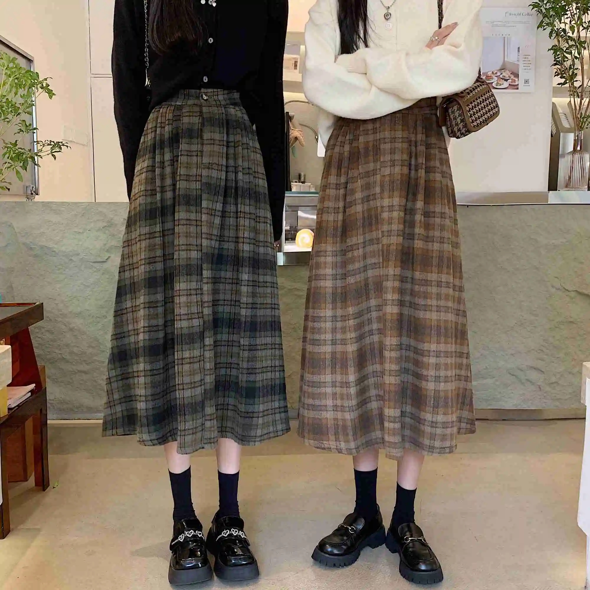 New Skirt Fashion Casual Women Vintage Plaid Elegant Elastic High Waist A-line Office Harajuku Streetwear Midi Skirt 2022 long skirts