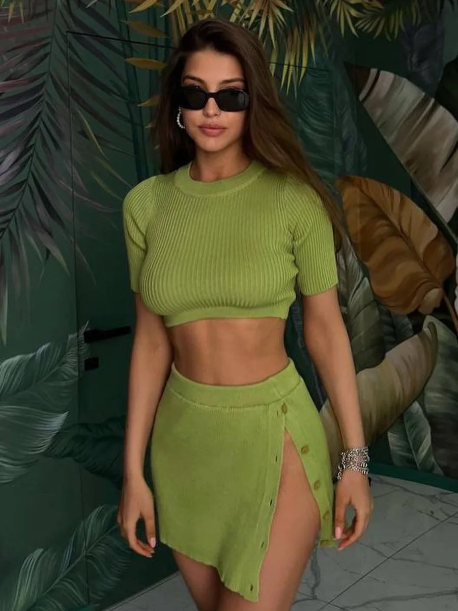 

Sexy Outfits Suit Female Summer 2023 Split Button Jacket Knit Two Piece Top And Skirt Set For Beach Woman Casual Clothes Bodycon