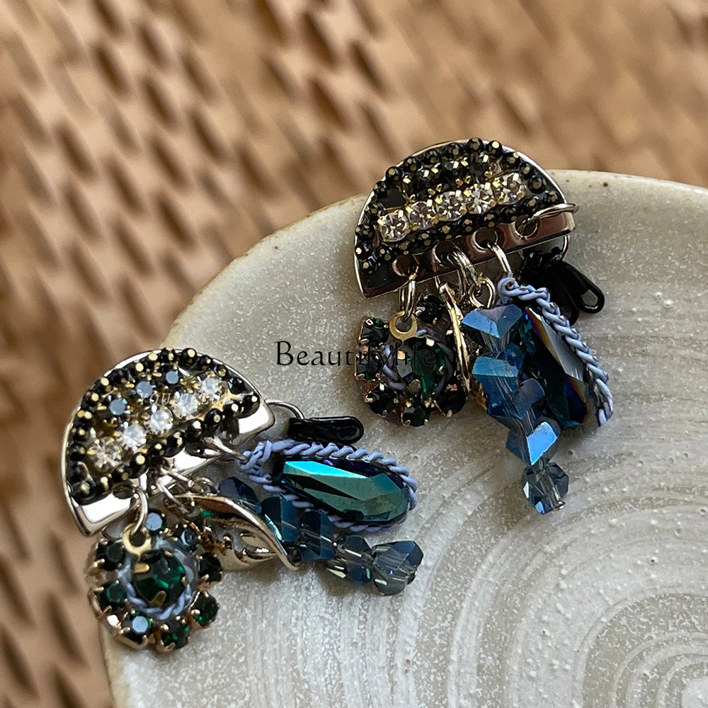 

Niche Heavy Industry Metal National Style Earrings Rhinestone Blue Exquisite Chain Ear Clip