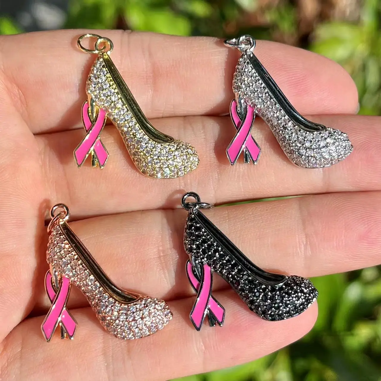 

5Pcs/Lot Zirconia Paved Pink Ribbon High Heel Shoes for Breast Cancer Awareness Charms Jewelry Acessories